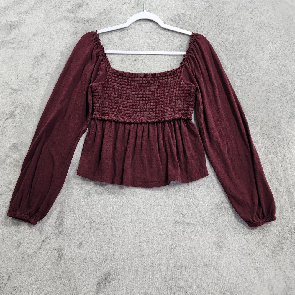 American Eagle Top Womens S Red Burgundy Smocked Square Neck Long Sleeve Peplum
